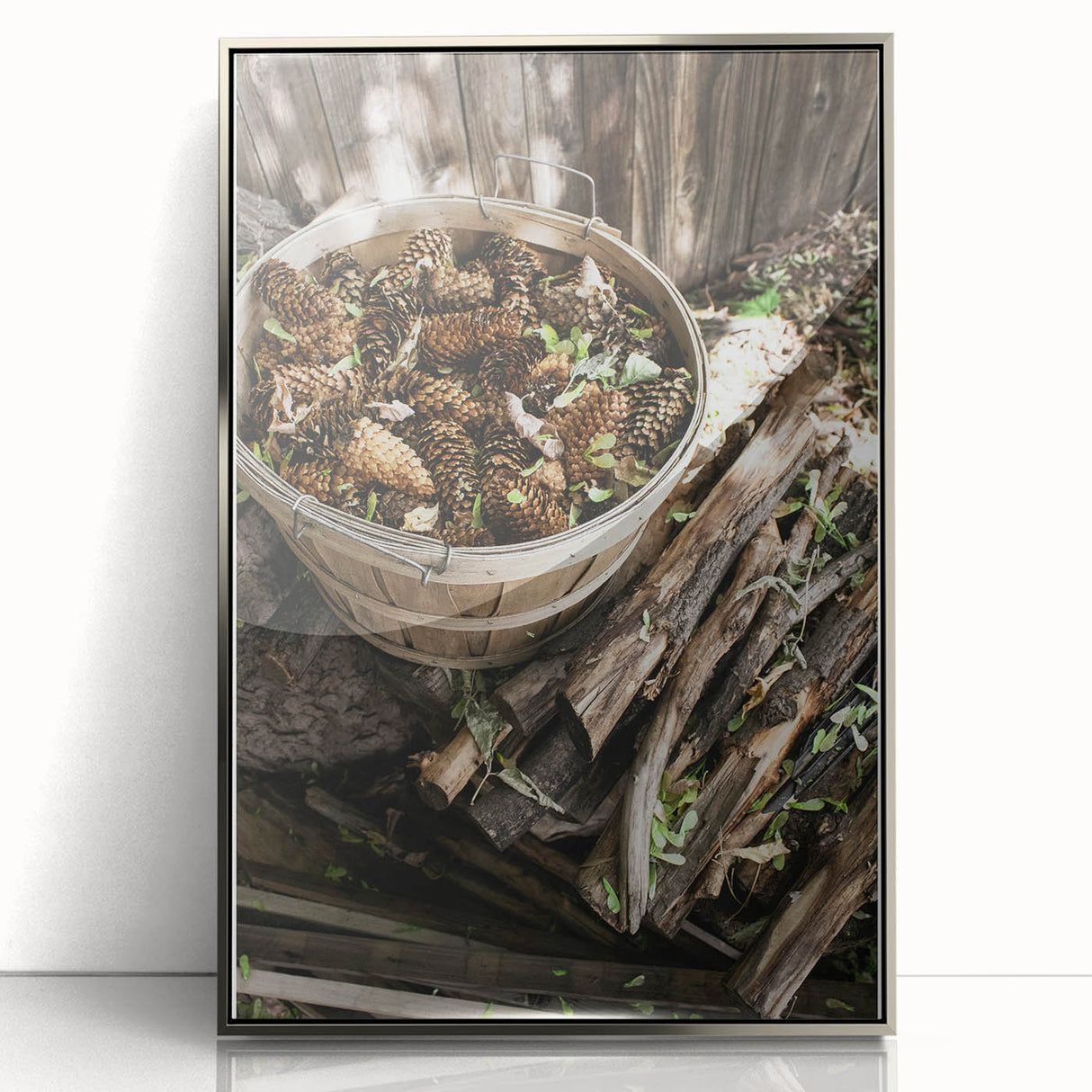 Rustic Wall Art - Pinecones in Wooden Basket, Farmhouse Decor Print