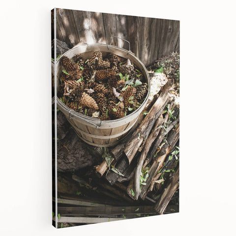 Rustic Wall Art - Pinecones in Wooden Basket, Farmhouse Decor Print
