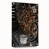 Rustic Wall Art - Stacked Firewood and Old Bucket, Farmhouse Decor Print