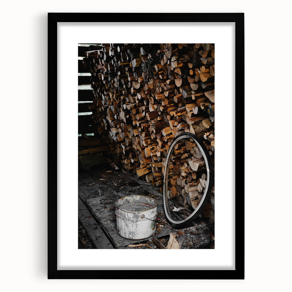 Rustic Wall Art - Stacked Firewood and Old Bucket, Farmhouse Decor Print