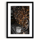 Rustic Wall Art - Stacked Firewood and Old Bucket, Farmhouse Decor Print