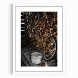 Rustic Wall Art - Stacked Firewood and Old Bucket, Farmhouse Decor Print