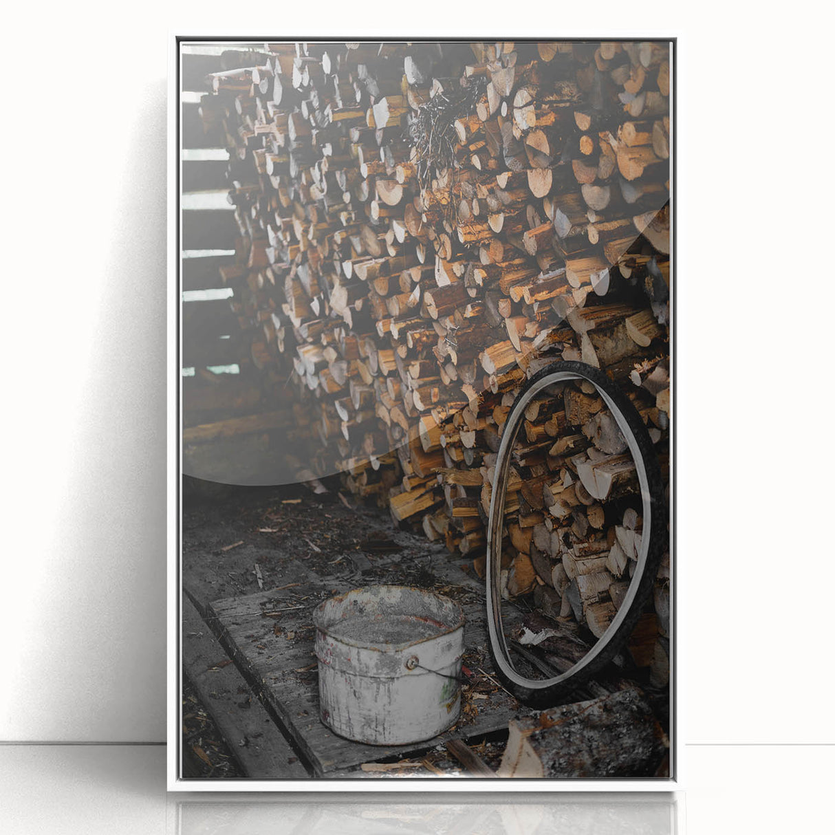 Rustic Wall Art - Stacked Firewood and Old Bucket, Farmhouse Decor Print