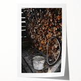 Rustic Wall Art - Stacked Firewood and Old Bucket, Farmhouse Decor Print