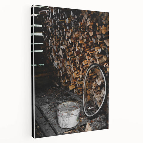 Rustic Wall Art - Stacked Firewood and Old Bucket, Farmhouse Decor Print