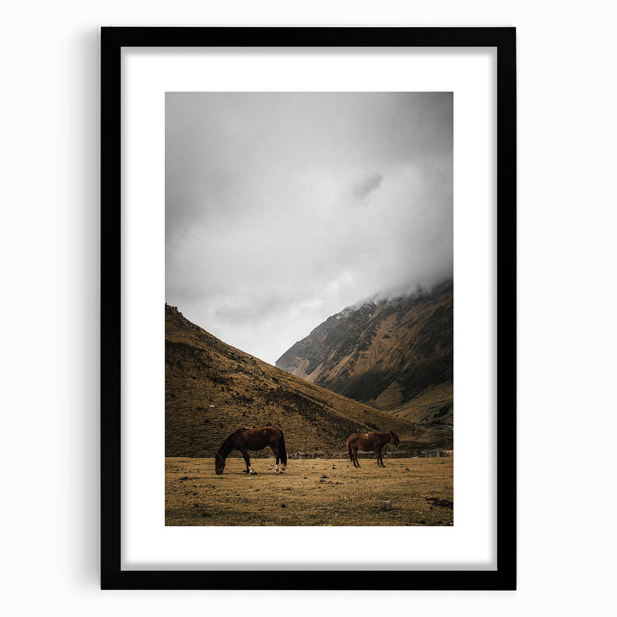 Mountain Grazing Horses, Rustic Landscape Wall Art Print