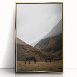 Mountain Grazing Horses, Rustic Landscape Wall Art Print