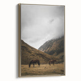 Mountain Grazing Horses, Rustic Landscape Wall Art Print