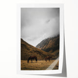 Mountain Grazing Horses, Rustic Landscape Wall Art Print