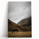 Mountain Grazing Horses, Rustic Landscape Wall Art Print