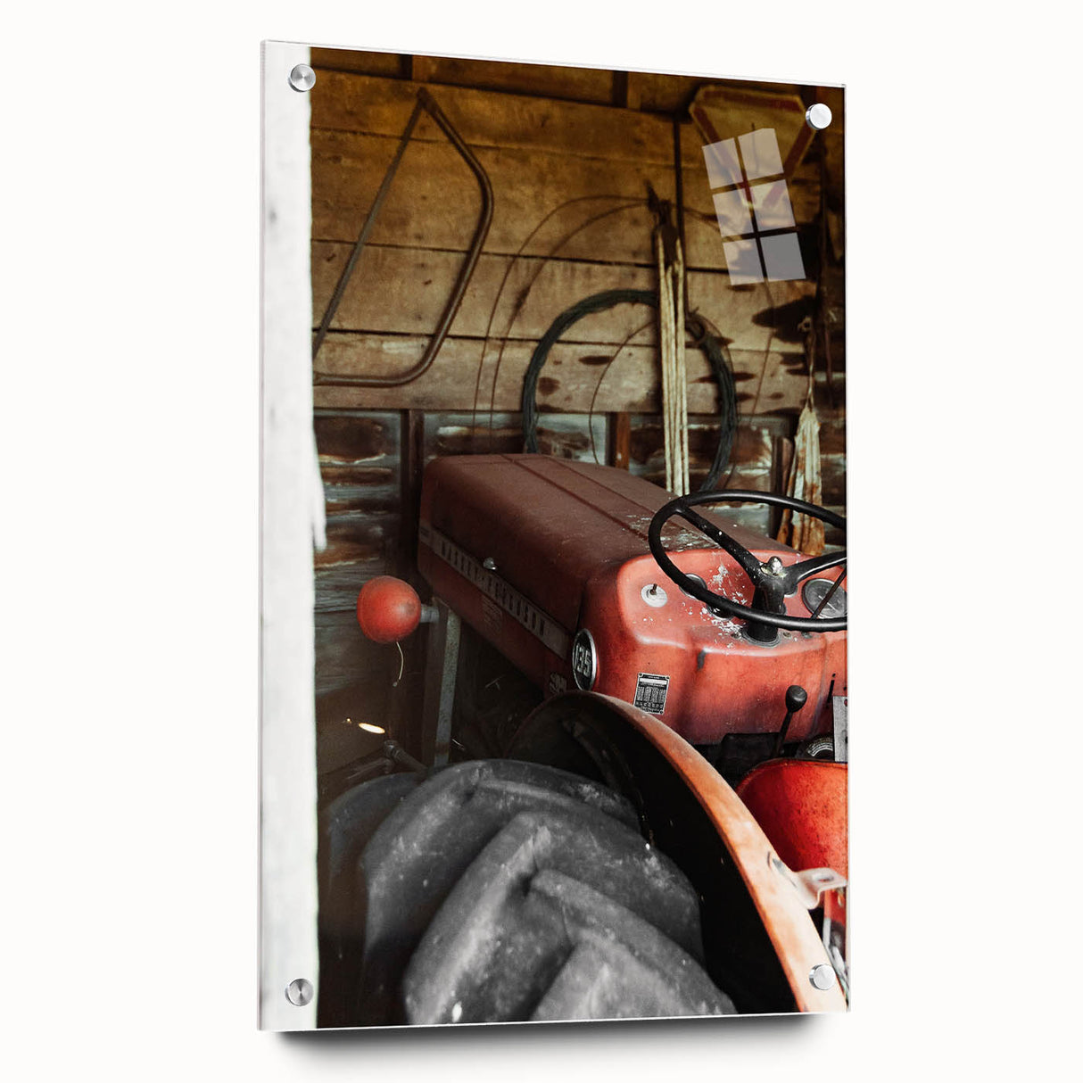 Rustic Wall Art - Vintage Red Tractor in Barn for Farmhouse Charm