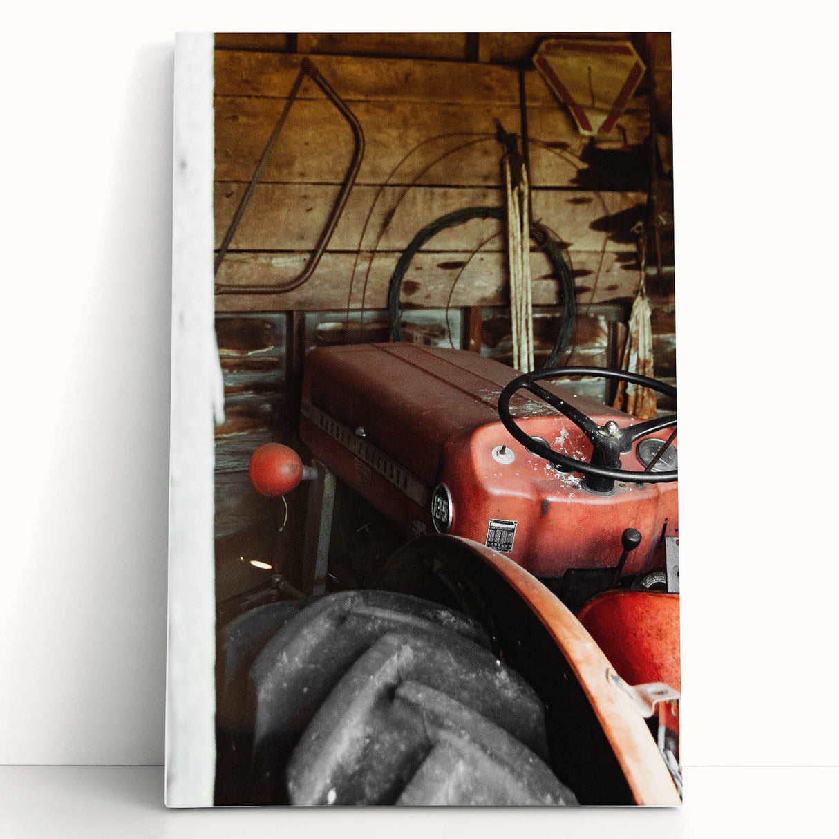 Rustic Wall Art - Vintage Red Tractor in Barn for Farmhouse Charm