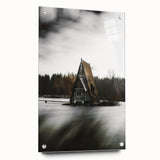 Rustic Cabin Wall Art - Isolated A-Frame House on Lake for Decor