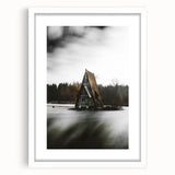 Rustic Cabin Wall Art - Isolated A-Frame House on Lake for Decor