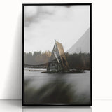 Rustic Cabin Wall Art - Isolated A-Frame House on Lake for Decor