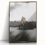 Rustic Cabin Wall Art - Isolated A-Frame House on Lake for Decor