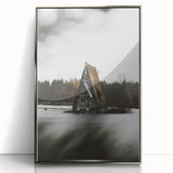 Rustic Cabin Wall Art - Isolated A-Frame House on Lake for Decor