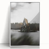 Rustic Cabin Wall Art - Isolated A-Frame House on Lake for Decor