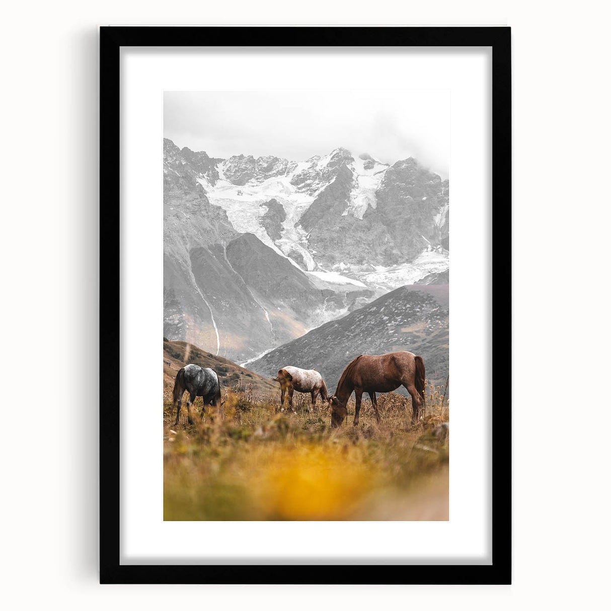 Rustic Mountain Landscape with Grazing Horses – Farmhouse Wall Art