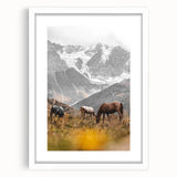 Rustic Mountain Landscape with Grazing Horses – Farmhouse Wall Art