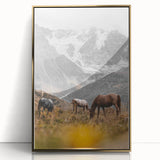 Rustic Mountain Landscape with Grazing Horses – Farmhouse Wall Art