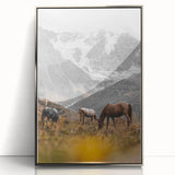 Rustic Mountain Landscape with Grazing Horses – Farmhouse Wall Art