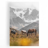 Rustic Mountain Landscape with Grazing Horses – Farmhouse Wall Art