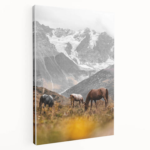 Rustic Mountain Landscape with Grazing Horses – Farmhouse Wall Art