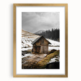 Rustic Log Barn in Winter Wall Art – Cozy Farmhouse Mountain Decor