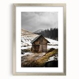 Rustic Log Barn in Winter Wall Art – Cozy Farmhouse Mountain Decor