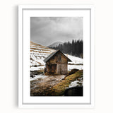 Rustic Log Barn in Winter Wall Art – Cozy Farmhouse Mountain Decor