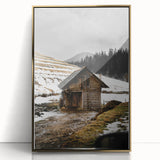 Rustic Log Barn in Winter Wall Art – Cozy Farmhouse Mountain Decor