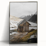 Rustic Log Barn in Winter Wall Art – Cozy Farmhouse Mountain Decor