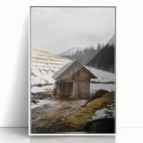 Rustic Log Barn in Winter Wall Art – Cozy Farmhouse Mountain Decor