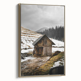 Rustic Log Barn in Winter Wall Art – Cozy Farmhouse Mountain Decor
