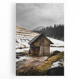 Rustic Log Barn in Winter Wall Art – Cozy Farmhouse Mountain Decor