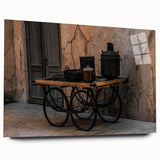 Vintage Cookware on Wooden Cart – Rustic Farmhouse Wall Art