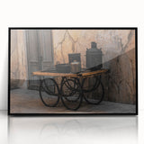 Vintage Cookware on Wooden Cart – Rustic Farmhouse Wall Art