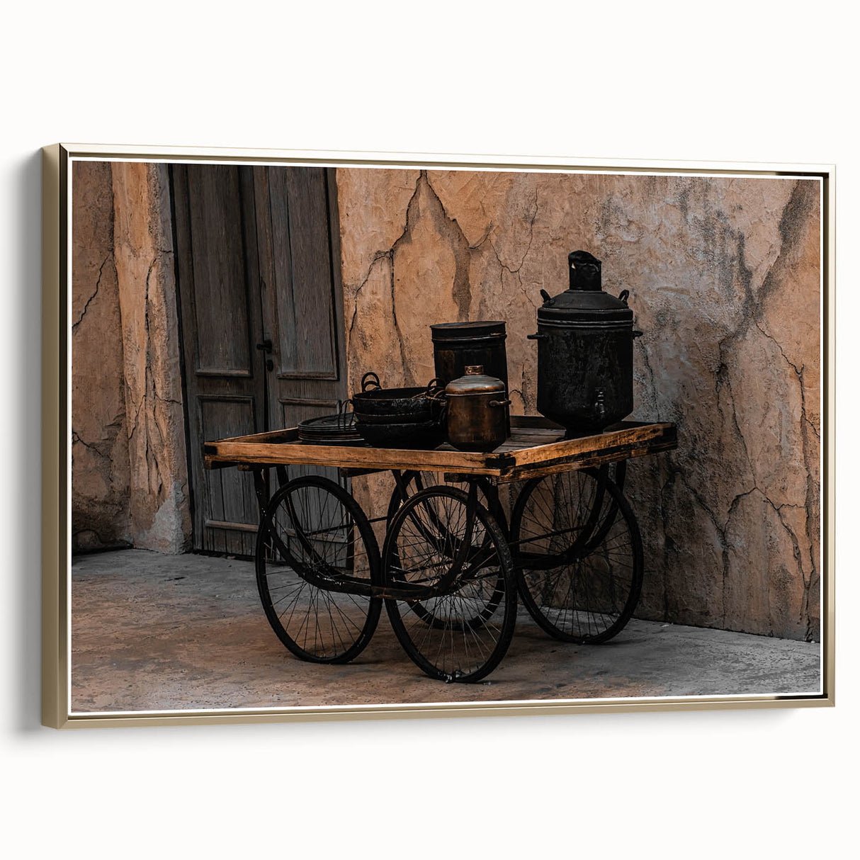 Vintage Cookware on Wooden Cart – Rustic Farmhouse Wall Art