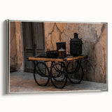 Vintage Cookware on Wooden Cart – Rustic Farmhouse Wall Art