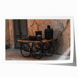 Vintage Cookware on Wooden Cart – Rustic Farmhouse Wall Art