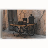 Vintage Cookware on Wooden Cart – Rustic Farmhouse Wall Art