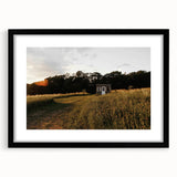 Rustic Landscape Wall Art – Peaceful Farmhouse Cabin in Golden Field