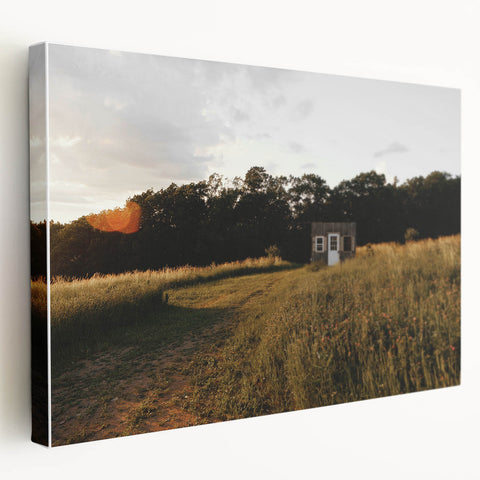Rustic Landscape Wall Art – Peaceful Farmhouse Cabin in Golden Field