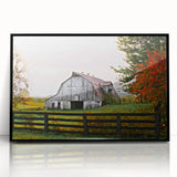 Rustic Barn Wall Art – Weathered Gray Barn with Autumn Foliage
