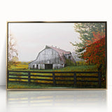 Rustic Barn Wall Art – Weathered Gray Barn with Autumn Foliage