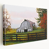 Rustic Barn Wall Art – Weathered Gray Barn with Autumn Foliage