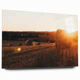Rustic Farm Landscape Wall Art – Sunlit Hay Bales in a Golden Field