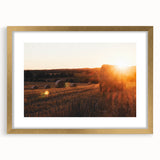 Rustic Farm Landscape Wall Art – Sunlit Hay Bales in a Golden Field