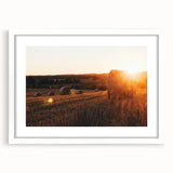Rustic Farm Landscape Wall Art – Sunlit Hay Bales in a Golden Field